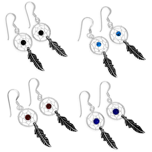 Boucles d'oreilles pendantes en argent sterling avec attrape-rêves, agate, turquoise, grenat, lapis-lazuli