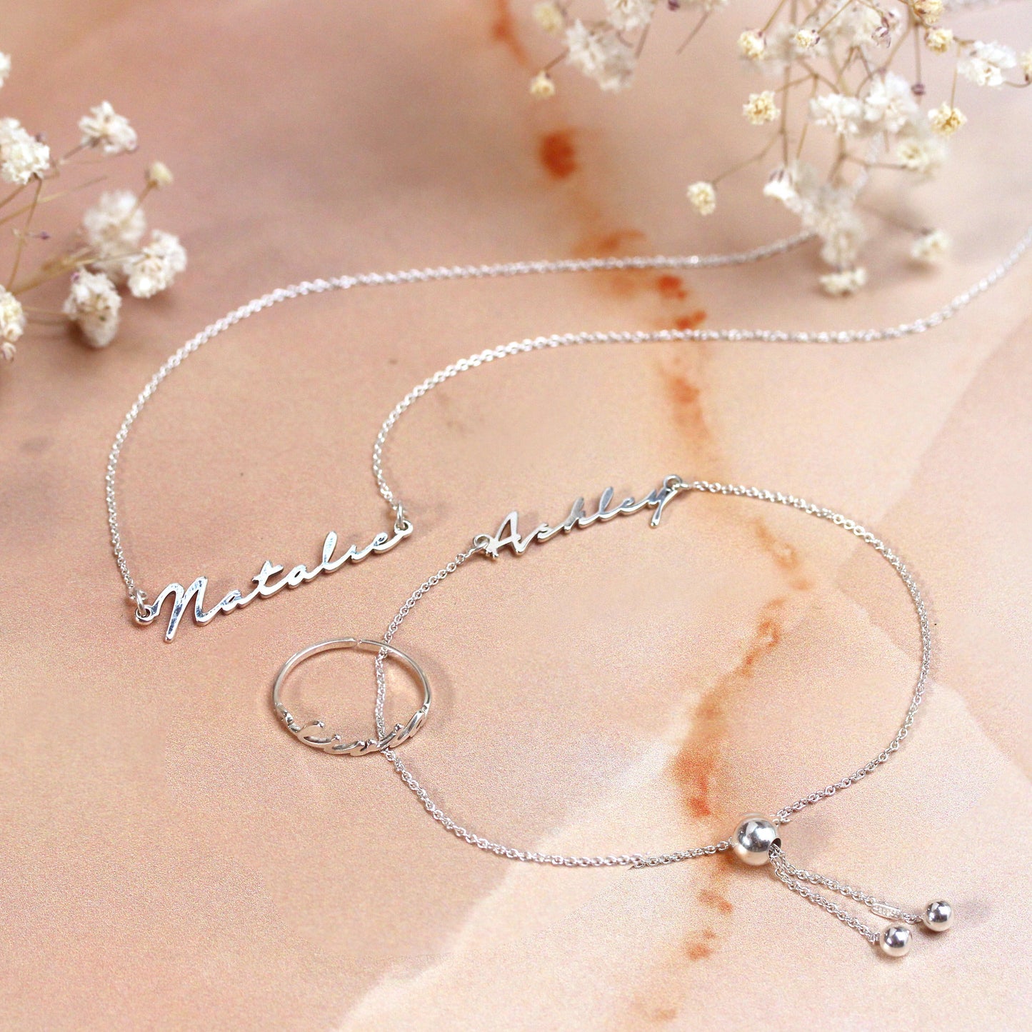 Bague réglable personnalisée en argent sterling avec nom