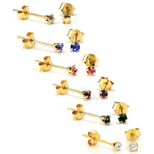 Boucles d'oreilles à tige en or 9 carats avec cristaux ronds de 2 mm - 7 couleurs