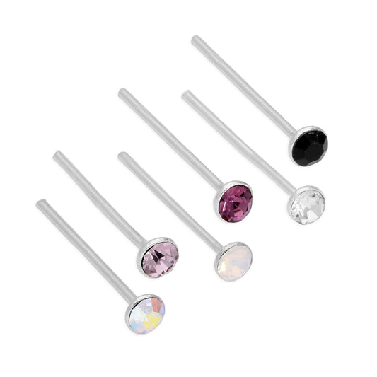 Piercings de nez en argent sterling et cristal CZ rond de 2 mm, calibre 24, courbés pour s'adapter - Couleurs mélangées