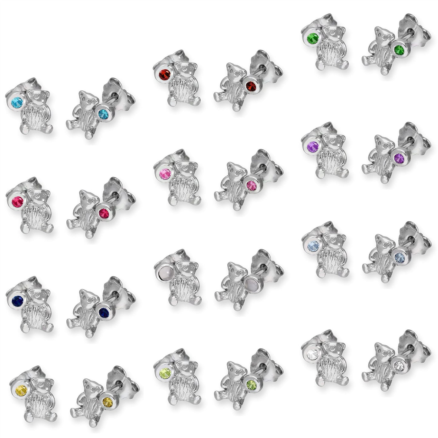 Boucles d'oreilles à tige en argent sterling avec ours en peluche et pierre de naissance en cristal CZ