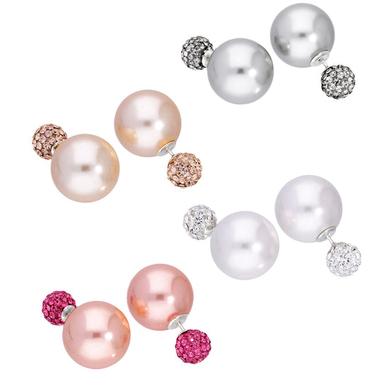 Boucles d'oreilles à tige en argent sterling avec perles double face et zircones cubiques, blanc crème, pêche et gris