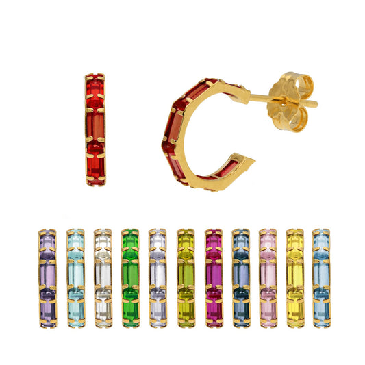 Boucles d'oreilles créoles baguettes en or 9 carats avec pierre de naissance et zircone cubique