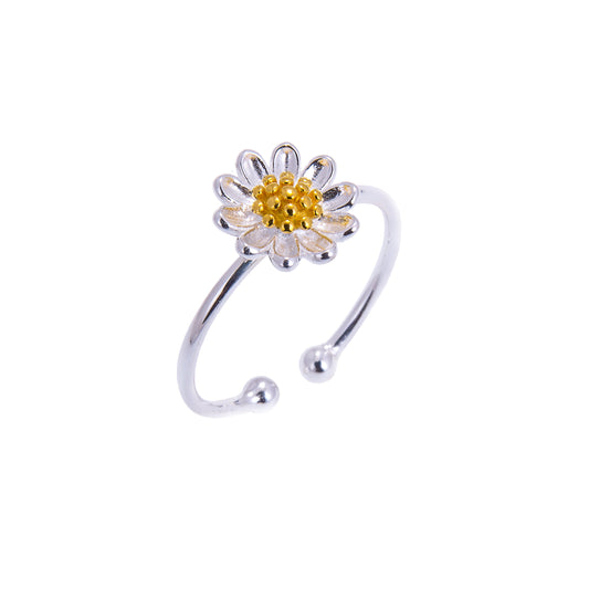 Bague ajustable en argent sterling plaqué or avec marguerite