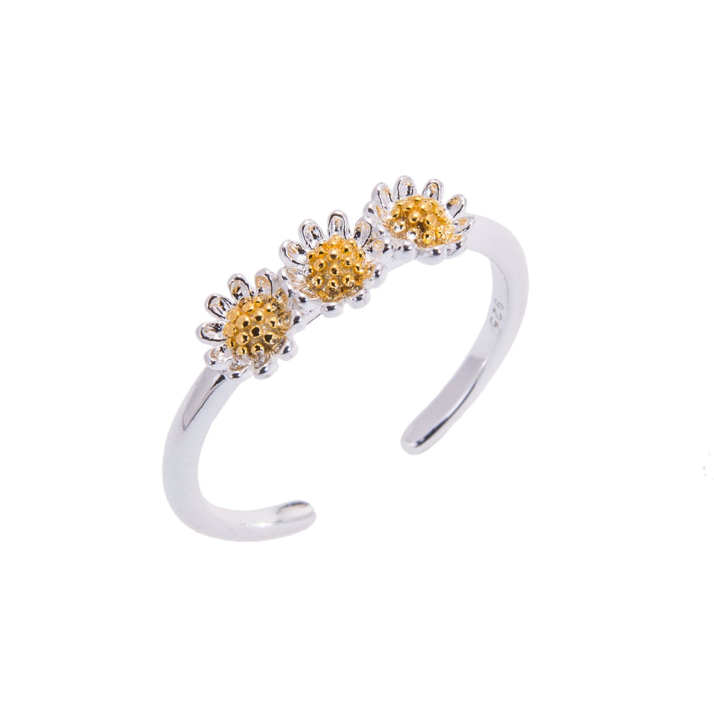 Bague réglable triple marguerite en argent sterling plaqué or