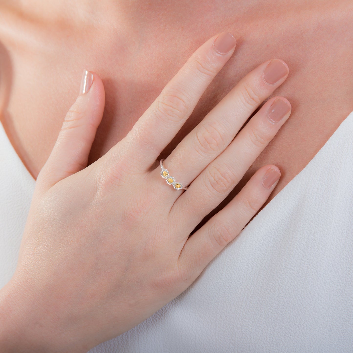 Bague réglable triple marguerite en argent sterling plaqué or