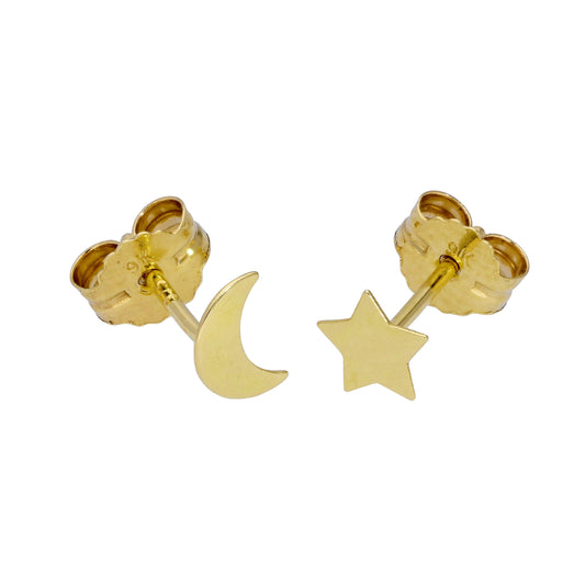 Boucles d'oreilles à tige en or 9 carats avec petite étoile et lune