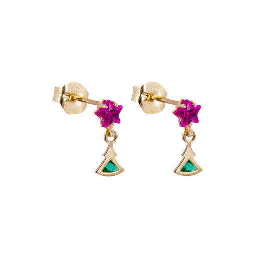 Boucles d'oreilles pendantes en or 9 carats avec sapin de Noël, vert émeraude, rubis, étoile rouge et zircone cubique