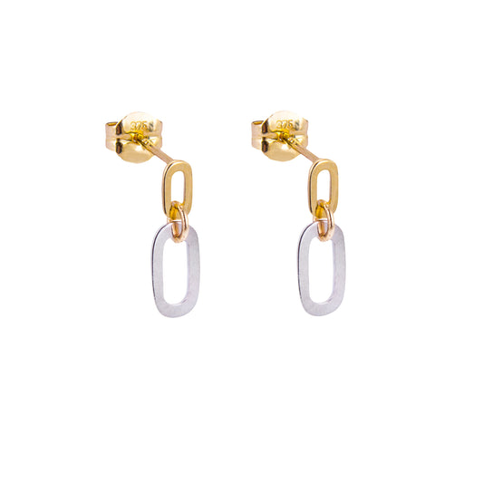 Boucles d'oreilles pendantes minimalistes à double boucle en or jaune et blanc mélangé 9 carats