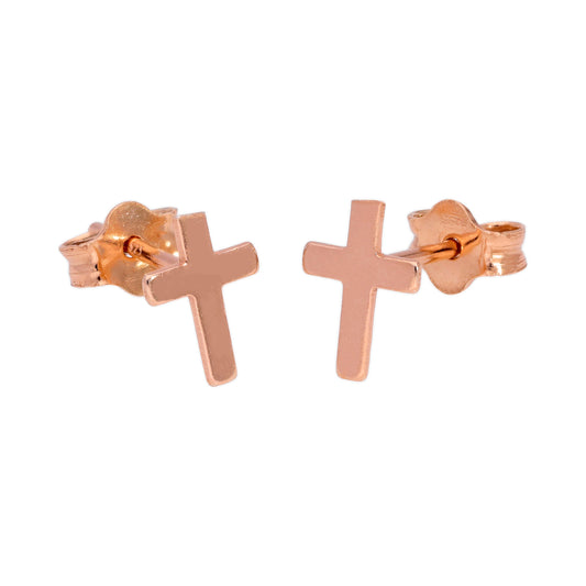 Petites boucles d'oreilles à tige en argent sterling plaqué or rose avec croix