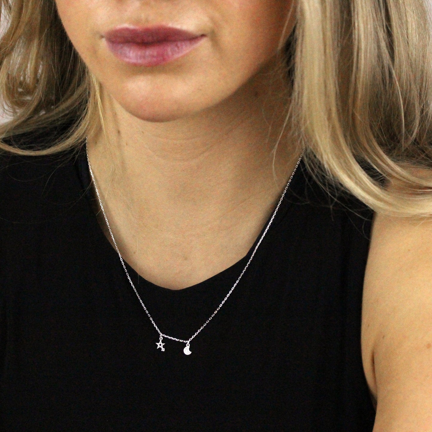Collier étoile et lune en argent sterling avec zircones cubiques transparents