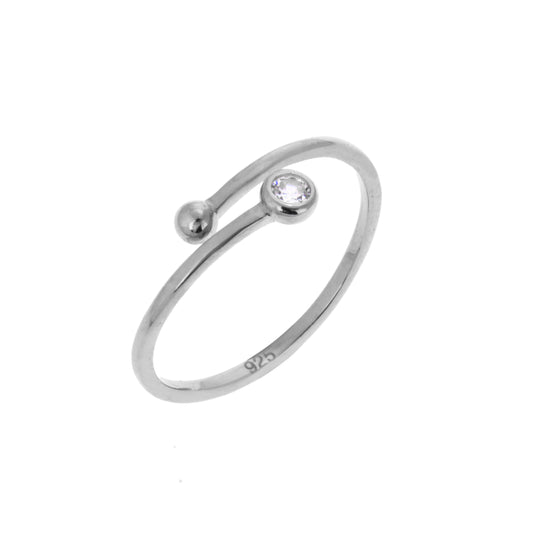 Bague ouverte minimaliste réglable en argent sterling avec zircone cubique rond transparent et boule