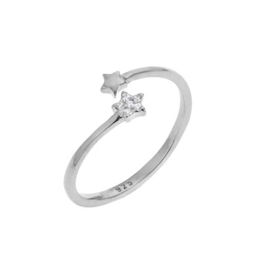 Bague réglable ouverte en argent sterling avec petites étoiles et zircones cubiques transparents