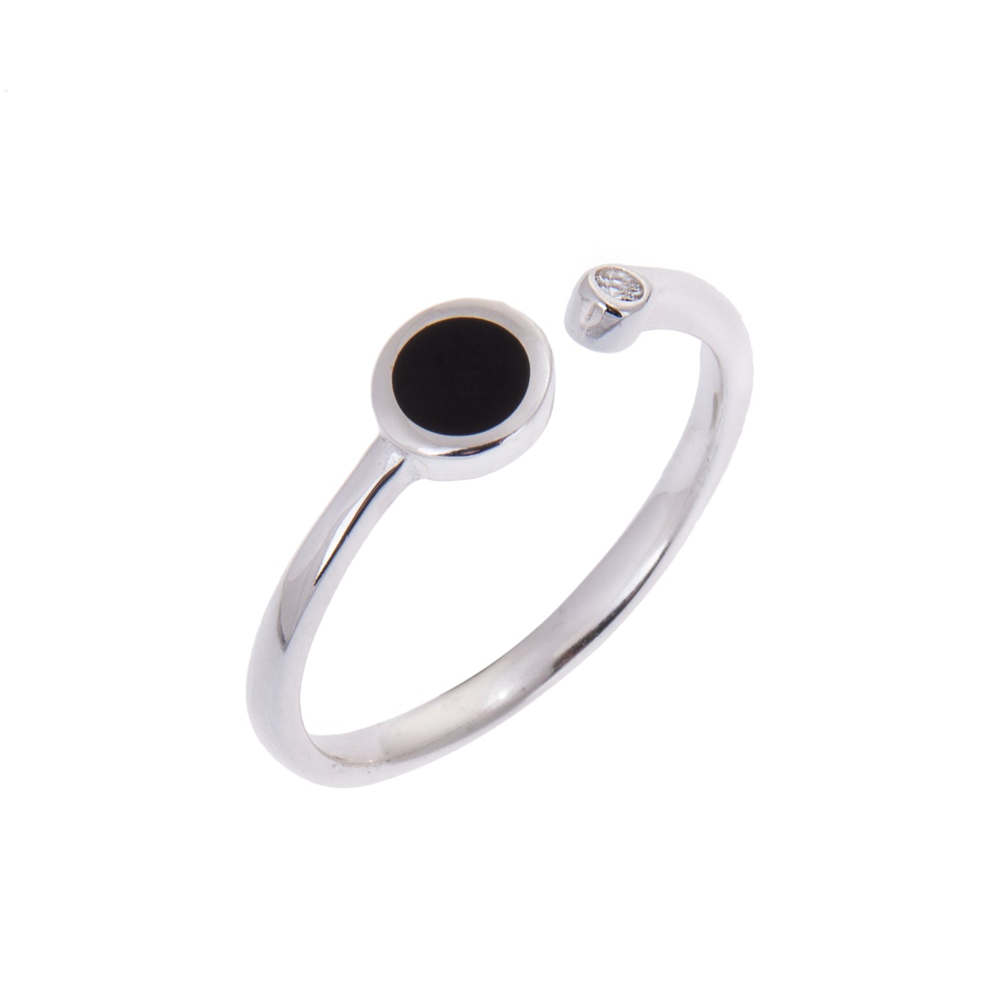Bague ouverte ajustable minimaliste en argent sterling avec disque rond en émail noir et zircone cubique transparent