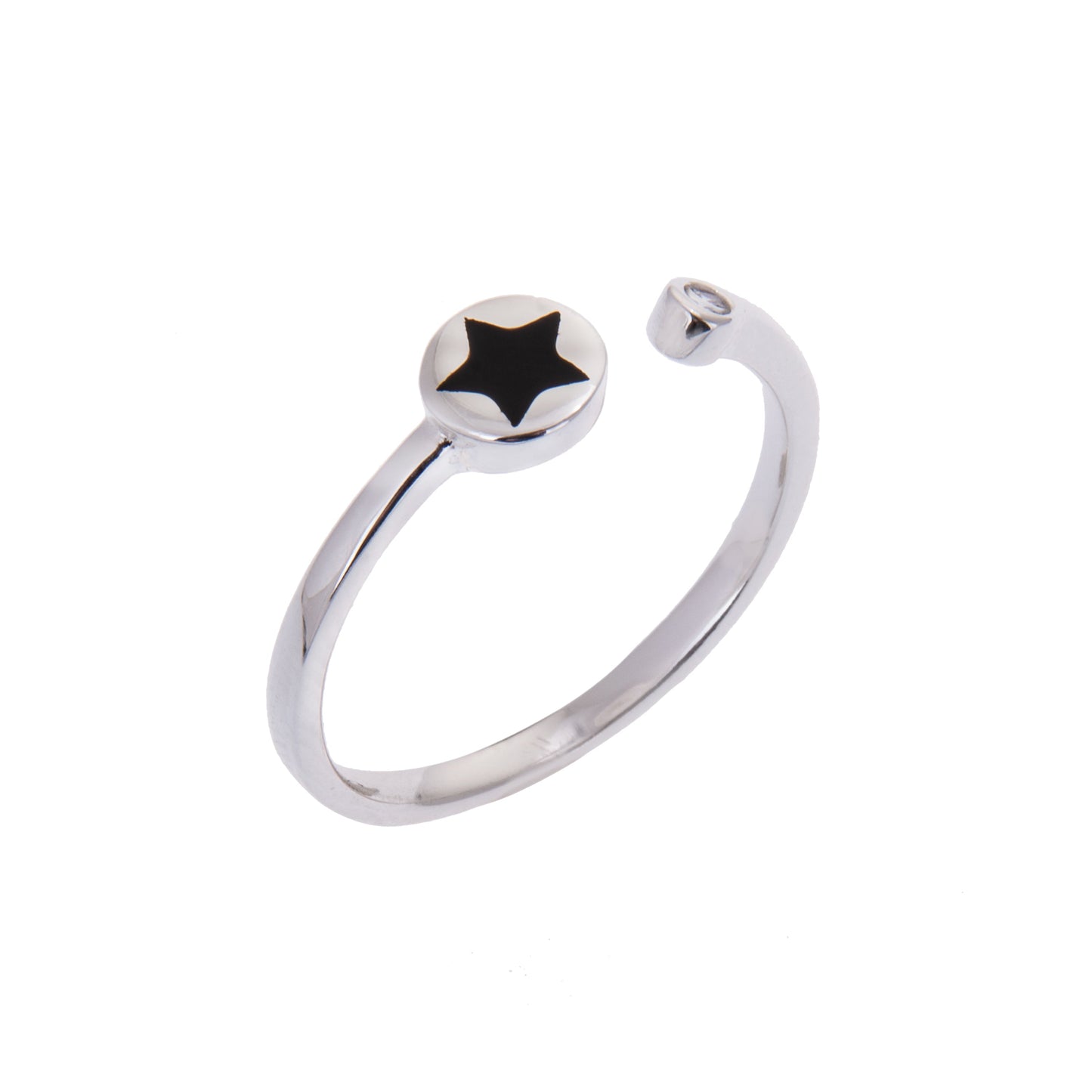 Bague ouverte ajustable en argent sterling avec disque en émail noir et zircone cubique