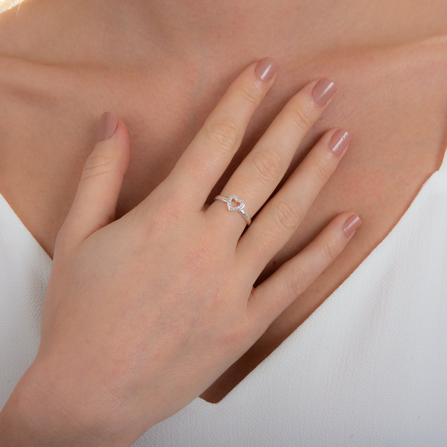 Bague ajustable en argent sterling avec cœur ouvert et zircone cubique transparent