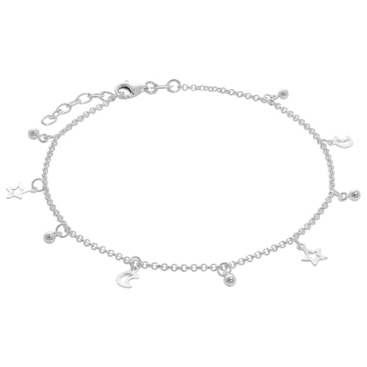 Bracelet de cheville réglable en argent sterling avec boule en forme de lune et d'étoile