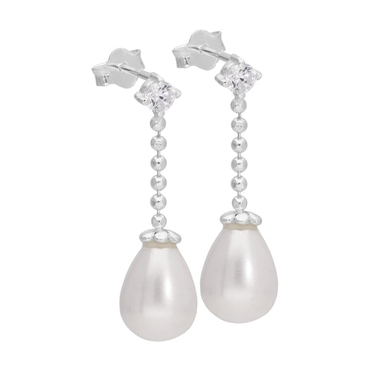 Boucles d'oreilles pendantes en argent sterling avec zircones cubiques transparents et perles synthétiques blanches en forme de larme