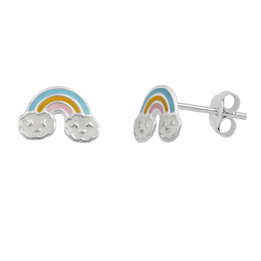Boucles d'oreilles à tige en argent sterling avec nuage souriant arc-en-ciel pastel et émail