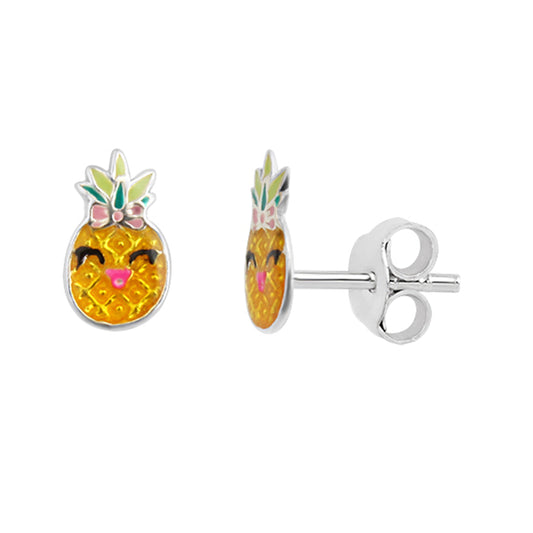 Boucles d'oreilles à tige en argent sterling et émail en forme d'ananas souriant