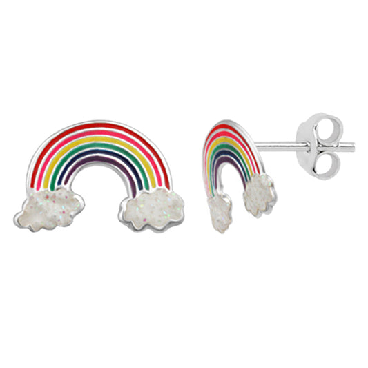 Boucles d'oreilles à tige en argent sterling avec arc-en-ciel et nuage scintillant en émail