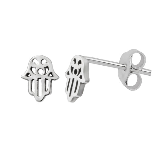 Petites boucles d'oreilles à tige en argent sterling avec main de Fatima découpée