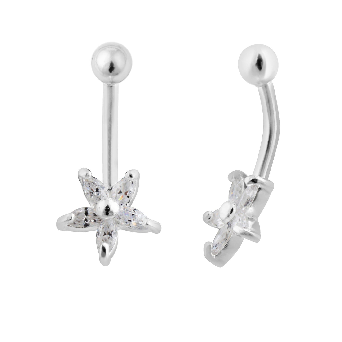 Piercing de nombril en argent sterling et cristal CZ en forme de fleur