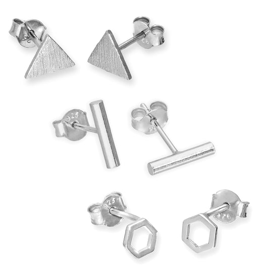 Lot de 3 boucles d'oreilles à tige géométriques en argent sterling
