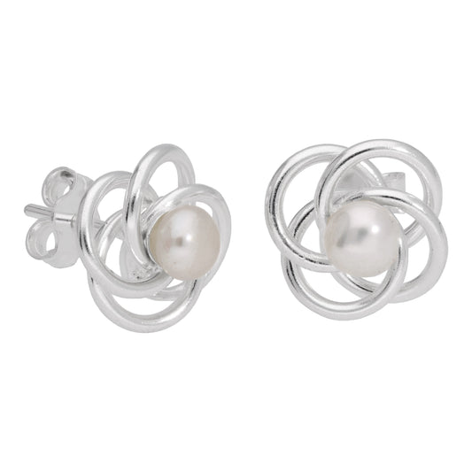 Boucles d'oreilles à tige en argent sterling avec nœud en fil de fer et perles synthétiques blanches