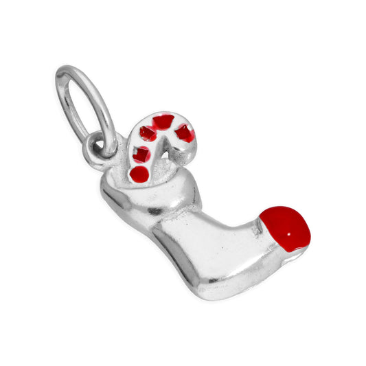 Breloque en argent sterling en forme de chaussette de Noël et de canne à sucre