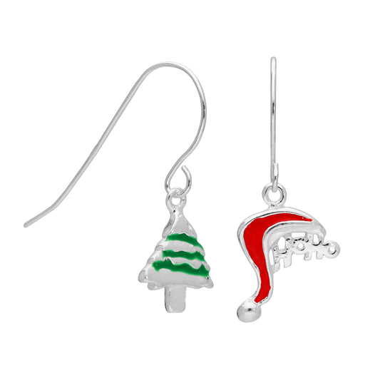 Boucles d'oreilles pendantes en argent sterling avec chapeau de Père Noël et sapin de Noël