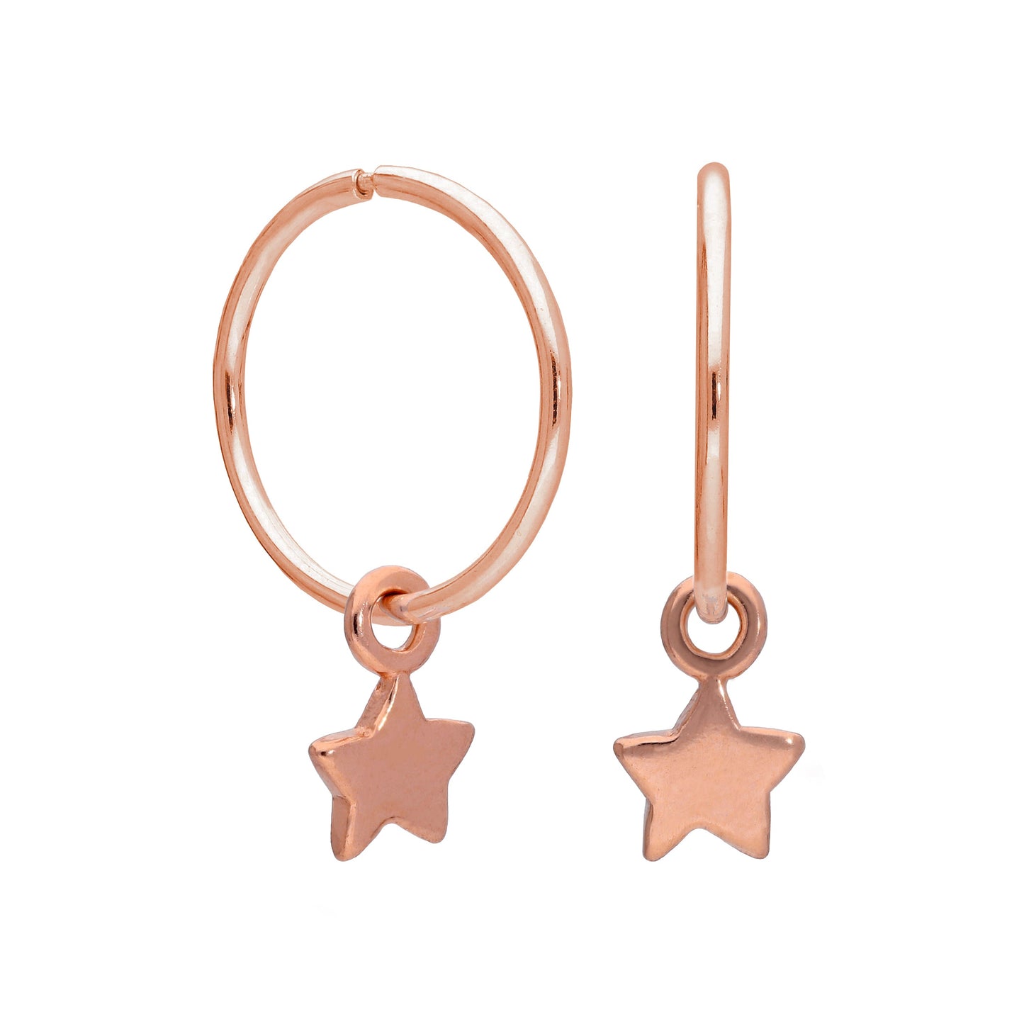 Boucles d'oreilles créoles en argent sterling plaqué or rose avec breloques en forme d'étoile minuscule de 12 mm