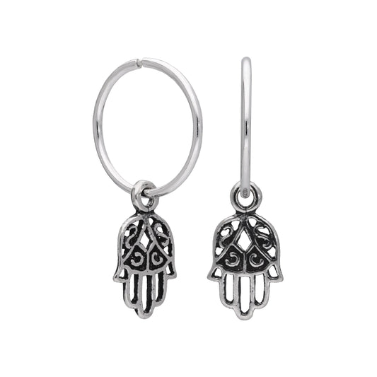 Boucles d'oreilles créoles en argent sterling avec breloque main de Fatima (12 mm)