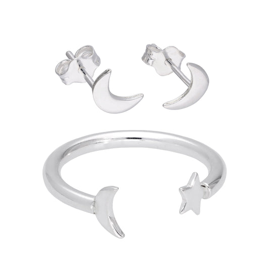 Ensemble bague et boucles d'oreilles en argent sterling avec lune