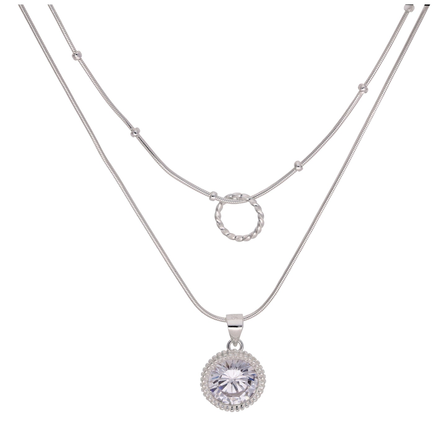 Collier en argent sterling avec double couche de zircons cubiques et anneau torsadé
