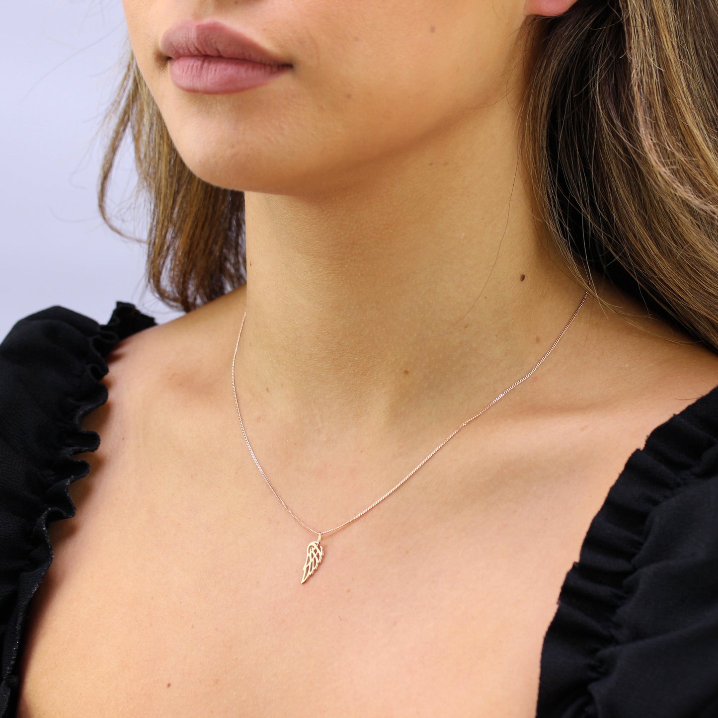Aile d'ange ouverte en argent sterling plaqué or rose de 14 à 32 pouces