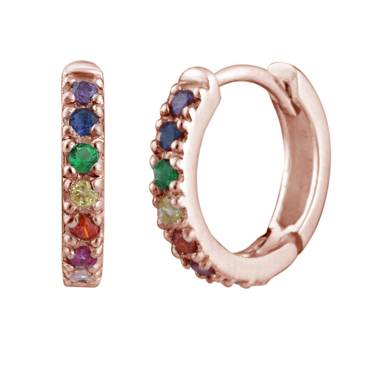 Piercings hélix Huggie en argent sterling plaqué or rose et zircones cubiques arc-en-ciel