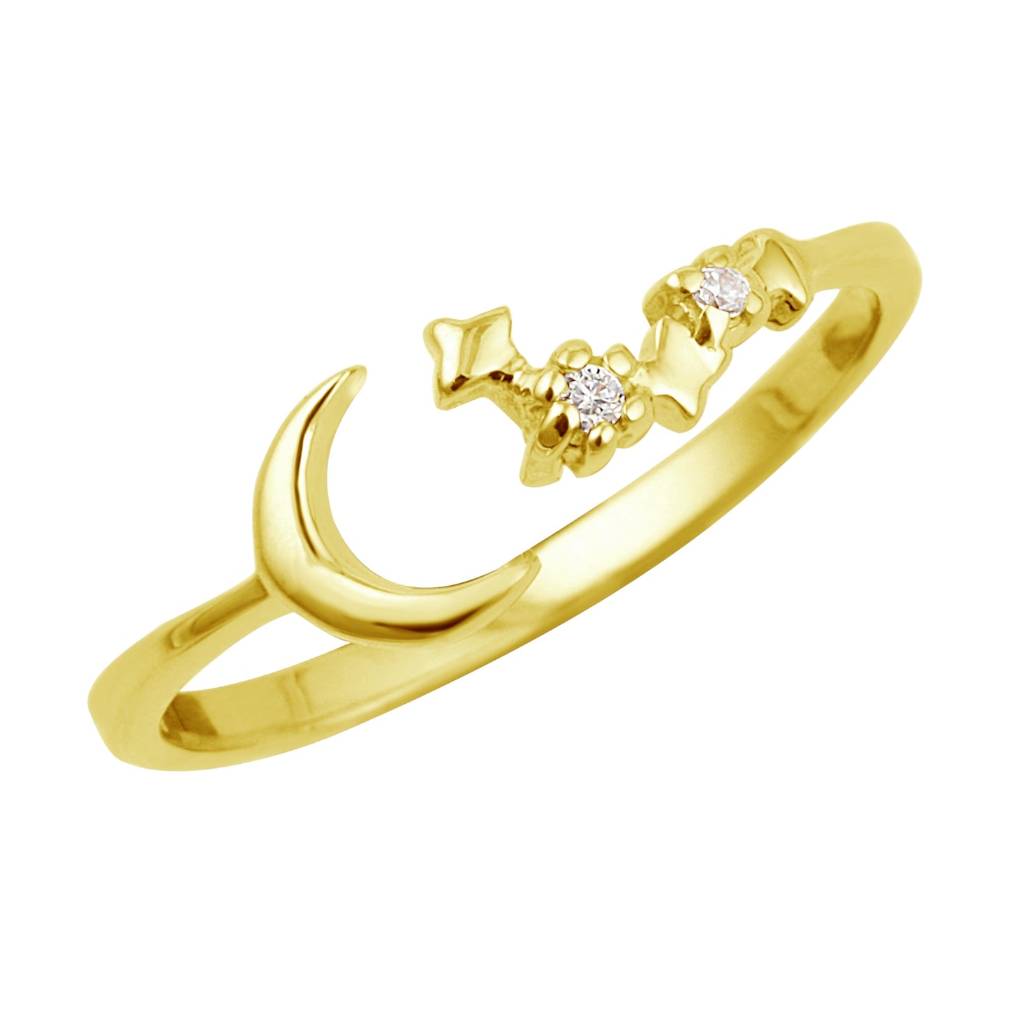 Bague ouverte réglable en argent sterling plaqué or avec lune et étoile