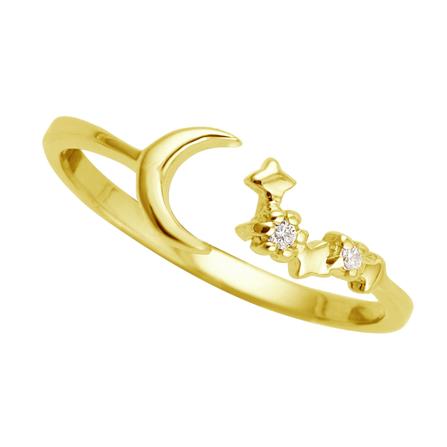 Bague ouverte réglable en argent sterling plaqué or avec lune et étoile