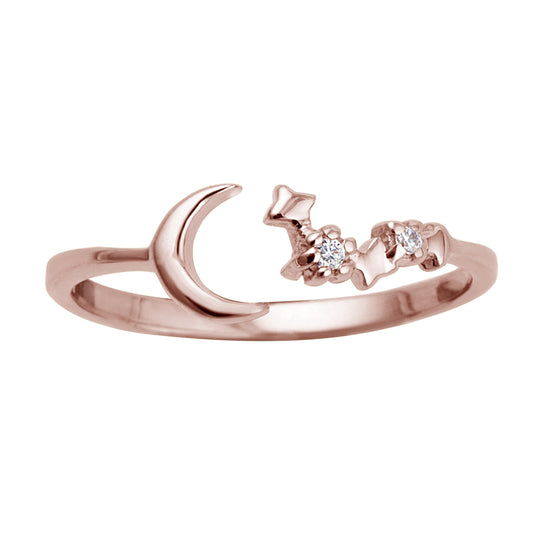Bague ajustable en argent sterling plaqué or rose avec lune et étoile