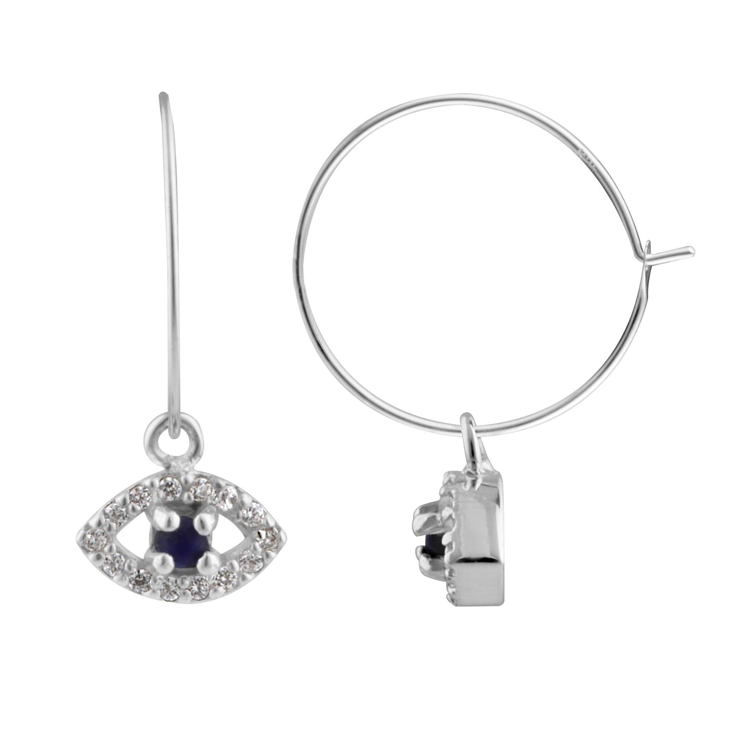 Boucles d'oreilles créoles en argent sterling avec breloque mauvais œil et zircone cubique de 15 mm