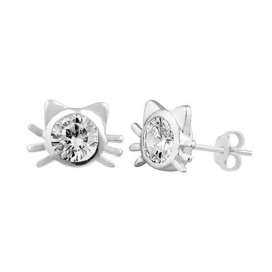 Boucles d'oreilles à tige en argent sterling avec tête de chat en zircone cubique transparent