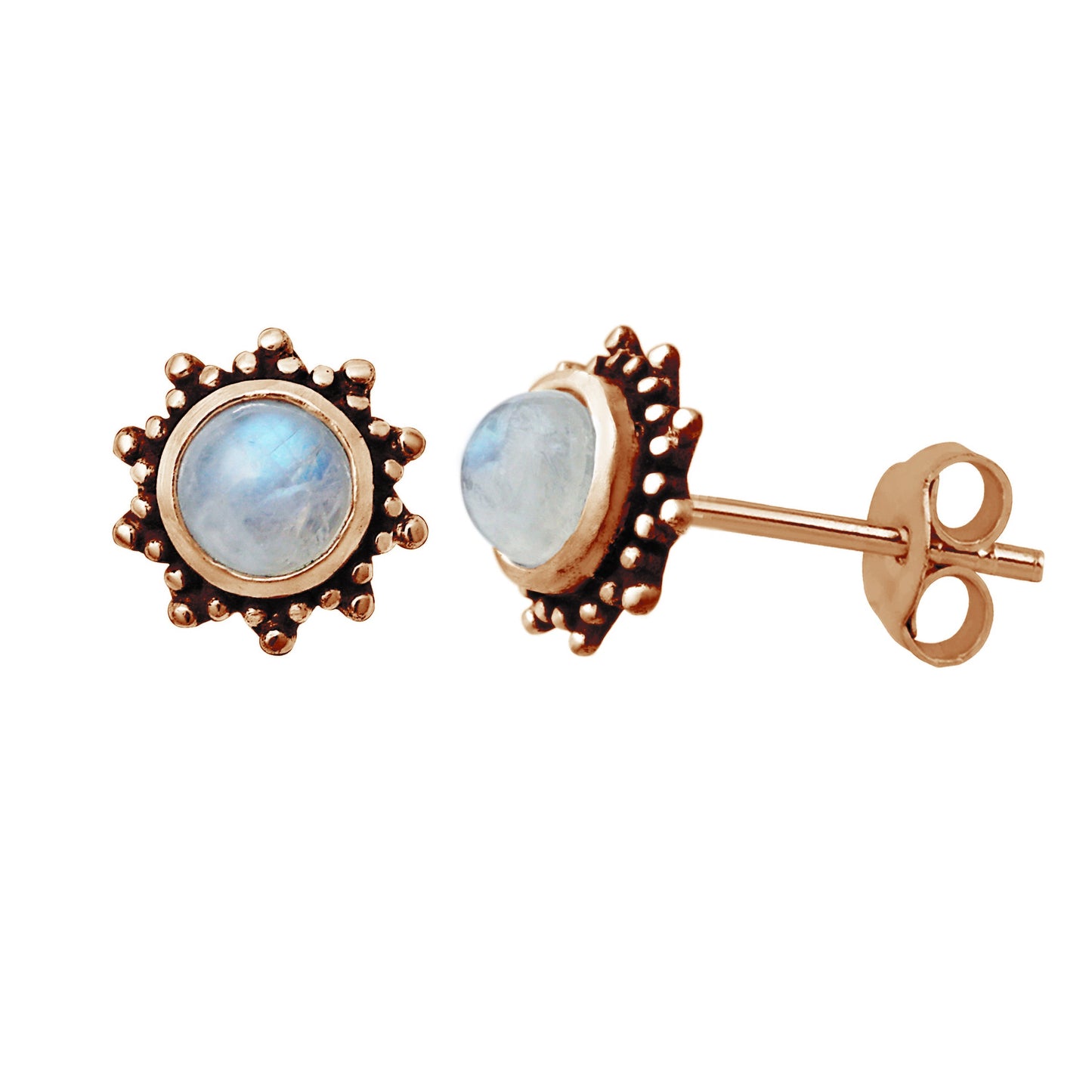 Boucles d'oreilles à tige en argent sterling plaqué or rose avec pierre de lune et soleil de 5 mm