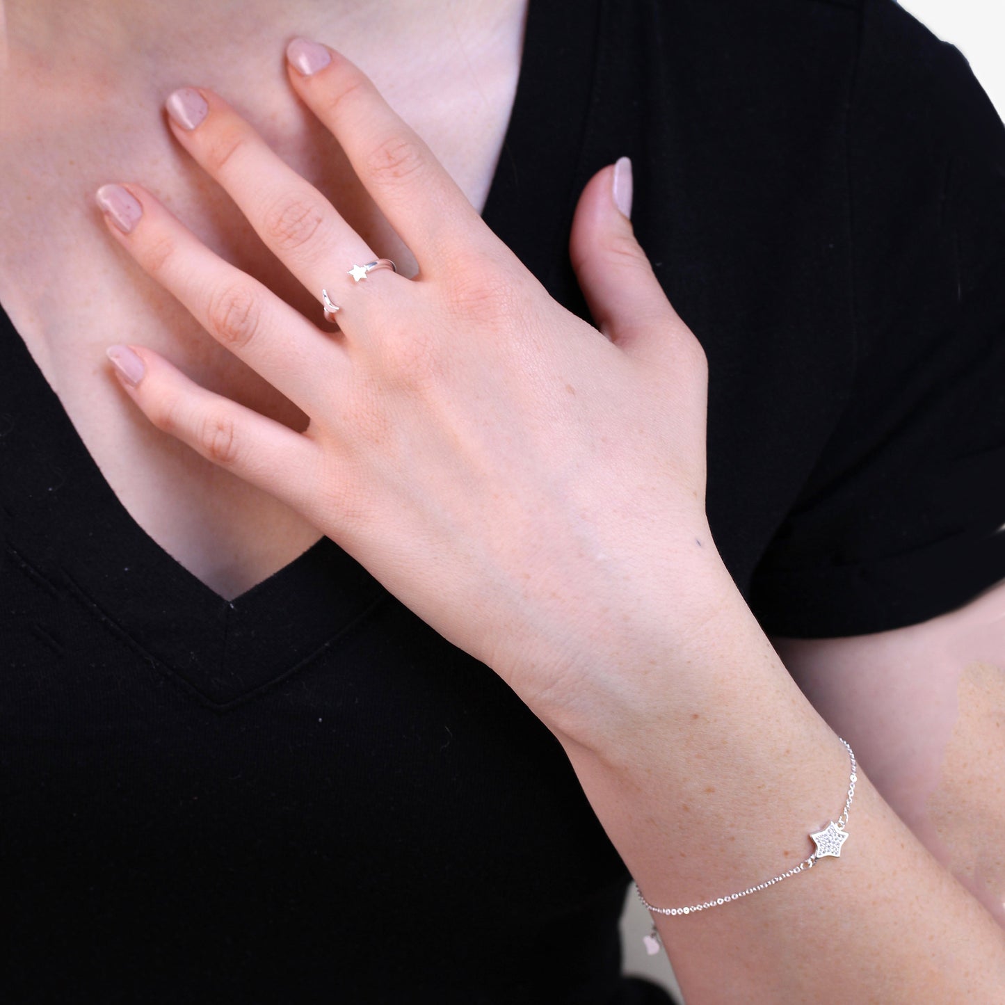 Ensemble bracelet lune et étoile et bague réglable en argent sterling