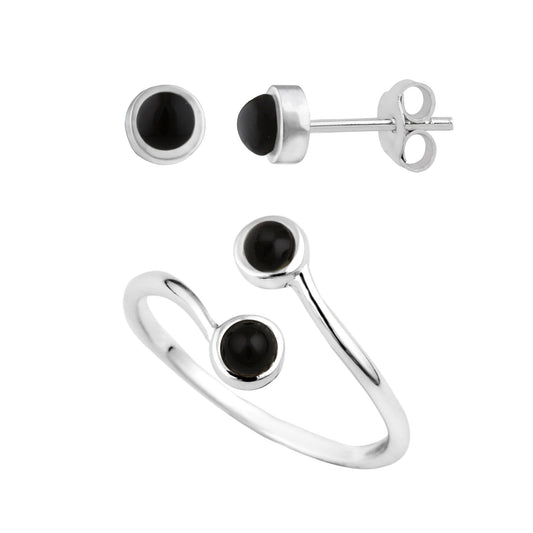 Ensemble de boucles d'oreilles à tige et bague réglable en argent sterling avec pierre noire