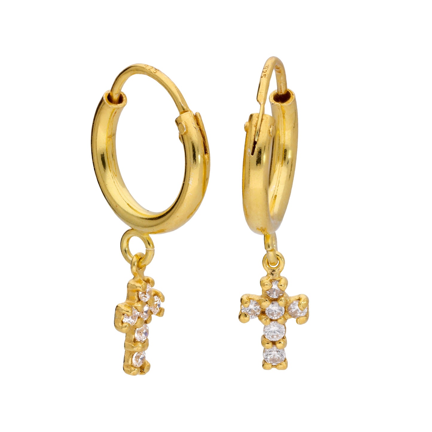 Boucles d'oreilles créoles 12 mm en argent sterling plaqué or et croix en oxyde de zirconium