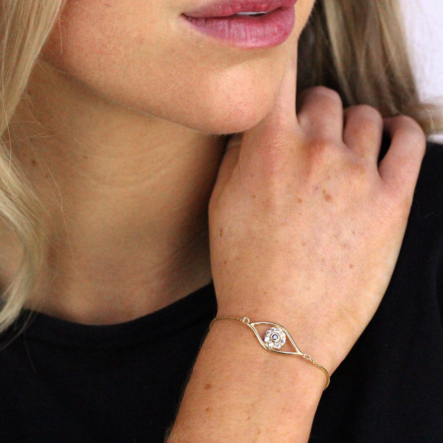 Bracelet réglable en argent sterling plaqué or et zircone cubique contre le mauvais œil