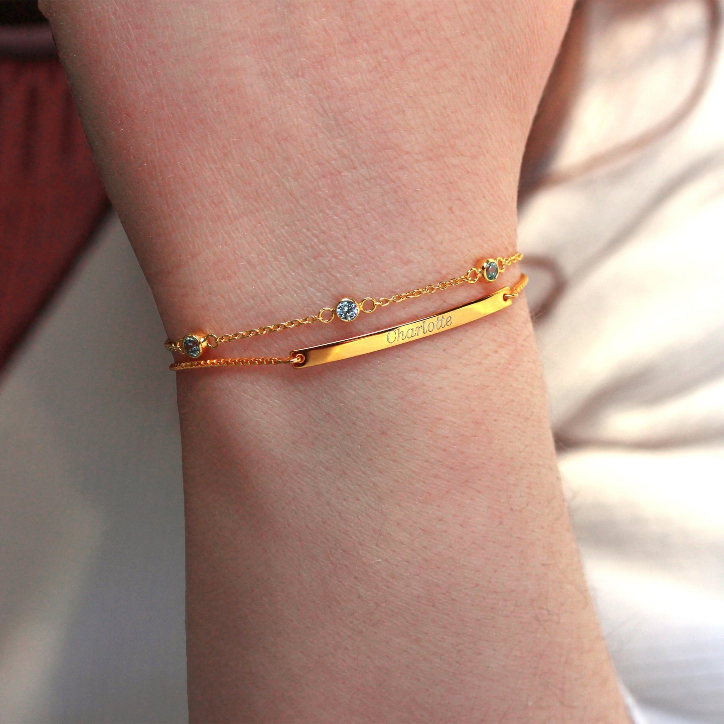 Bracelet réglable en argent sterling plaqué or avec aigue-marine et zircone cubique