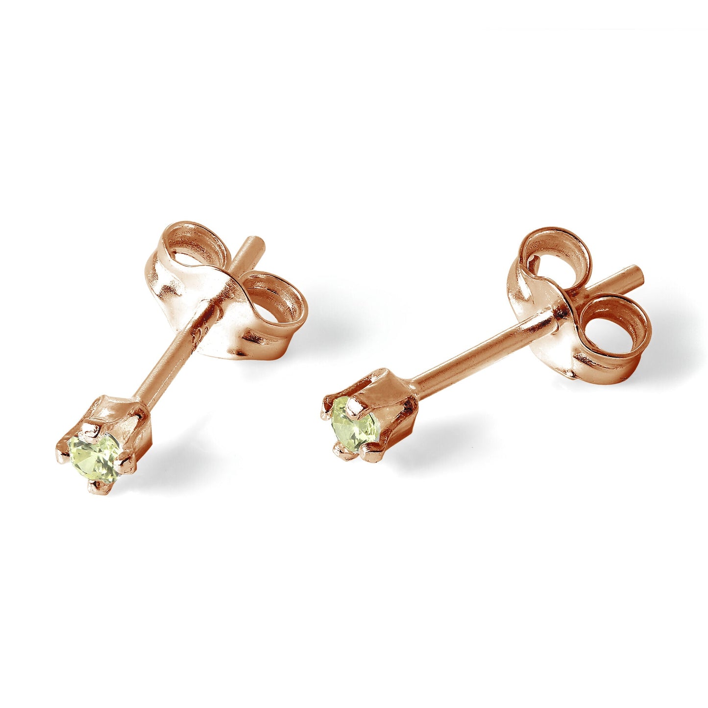 Boucles d'oreilles à tige en argent sterling plaqué or rose avec péridot et zircone cubique de 2 mm