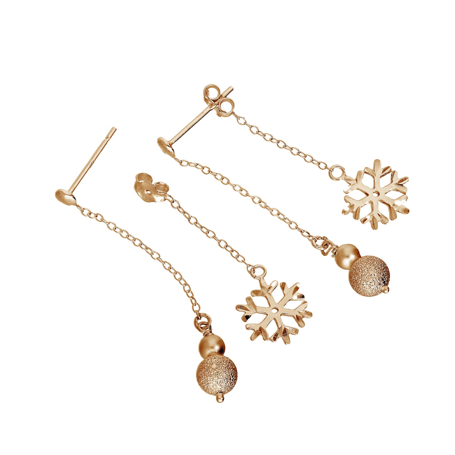 Boucles d'oreilles à tige en argent sterling plaqué or rose avec boules et flocons de neige